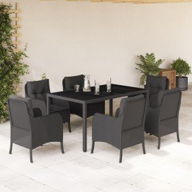 Set de comedor de jardín 7 pzas y cojines ratán sintético negro Set de comedor de jardín 7 pzas y cojines ratán sintético negro
