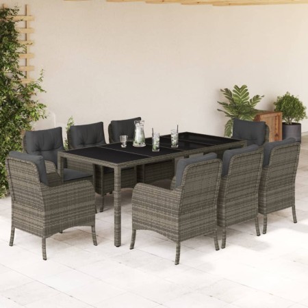 Set comedor jardín 9 pzas y cojines ratán sintético gris