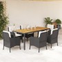 Set de comedor de jardín 7 pzas y cojines ratán sintético negro