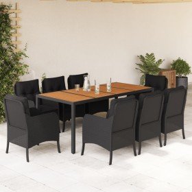 Set de comedor de jardín 9 pzas y cojines ratán sintético negro