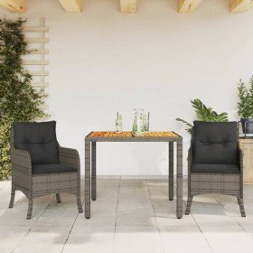 Set comedor de jardín 3 piezas con cojines ratán sintético gris