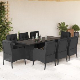 Set de comedor de jardín 9 pzas y cojines ratán sintético negro