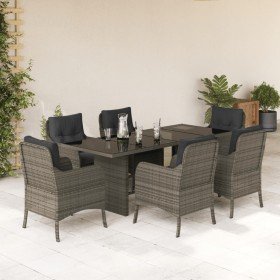Set comedor jardín 7 pzas y cojines ratán sintético gris