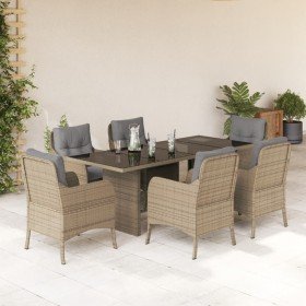 Set comedor de jardín 7 pzas con cojines ratán sintético beige