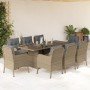 Set comedor de jardín 9 pzas con cojines ratán sintético beige