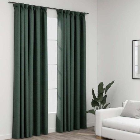 Cortinas opacas con ganchos look de lino 2 pzas verde 140x225cm