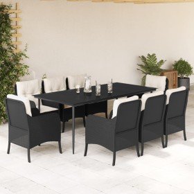 Set de comedor de jardín 9 pzas y cojines ratán sintético negro