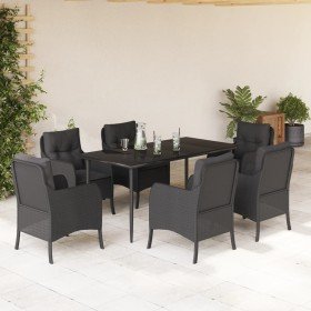 Set de comedor de jardín 7 pzas y cojines ratán sintético negro