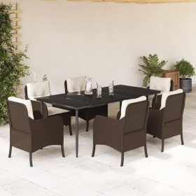 Set comedor de jardín 7 pzas con cojines ratán sintético marrón