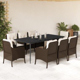 Set comedor para jardín 9 pzas y cojines ratán sintético marrón