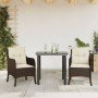 Set comedor de jardín 3 piezas y cojines ratán sintético marrón