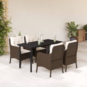 Set comedor de jardín 5 piezas y cojines ratán sintético marrón