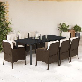 Set comedor para jardín 9 pzas y cojines ratán sintético marrón