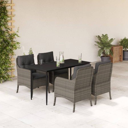 Set comedor de jardín 5 piezas con cojines ratán sintético gris en Conjuntos de jardín | Comprar online en Foro24