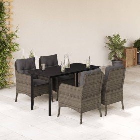 Set comedor de jardín 5 piezas con cojines ratán sintético gris