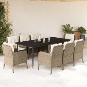 Set comedor de jardín 9 pzas con cojines ratán sintético beige