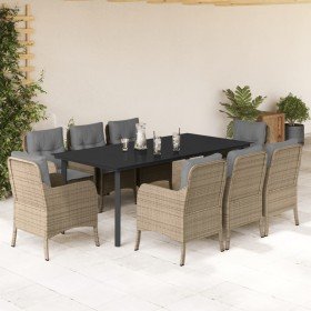 Set comedor de jardín 9 pzas con cojines ratán sintético beige