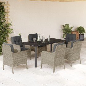 Set comedor jardín 7 pzas y cojines ratán sintético gris claro
