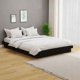 Black solid wood double bed frame 135x190 cm by vidaXL, Beds and slatted bases - Ref: Foro24-819951, Price: 166,58 €, Discoun...