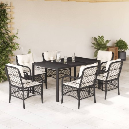 Set de comedor de jardín 7 pzas y cojines ratán sintético negro