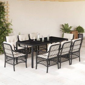 Set de comedor de jardín 9 pzas y cojines ratán sintético negro