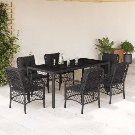 Set de comedor de jardín 7 pzas y cojines ratán sintético negro Set de comedor de jardín 7 pzas y cojines ratán sintético negro