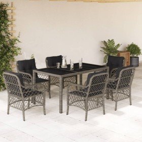 Set comedor jardín 7 pzas y cojines ratán sintético gris