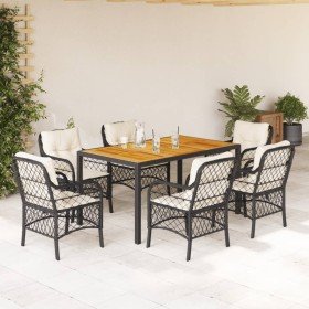 Set de comedor de jardín 7 pzas y cojines ratán sintético negro