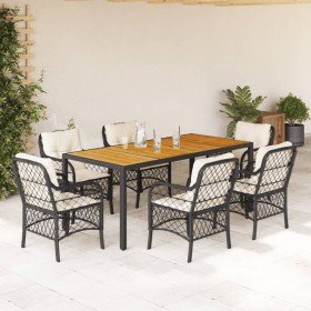 Set de comedor de jardín 7 pzas y cojines ratán sintético negro