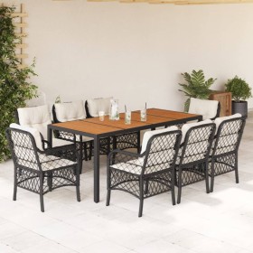 Set de comedor de jardín 9 pzas y cojines ratán sintético negro