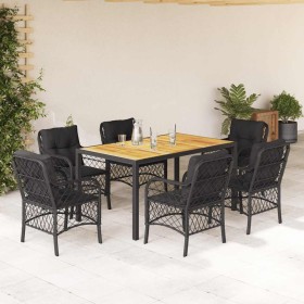Set de comedor de jardín 7 pzas y cojines ratán sintético negro