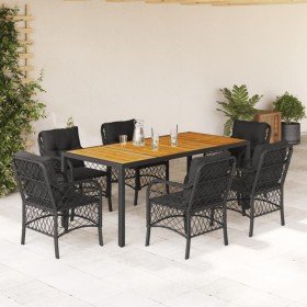 Set de comedor de jardín 7 pzas y cojines ratán sintético negro