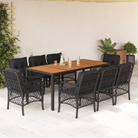 Set de comedor de jardín 9 pzas y cojines ratán sintético negro Set de comedor de jardín 9 pzas y cojines ratán sintético negro