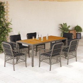 Set comedor jardín 7 pzas y cojines ratán sintético gris
