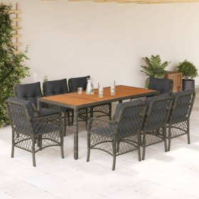 Set comedor jardín 9 pzas y cojines ratán sintético gris