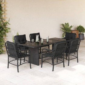 Set de comedor de jardín 7 pzas y cojines ratán sintético negro