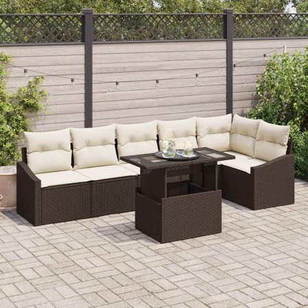 Conjunto de sofá de jardín con cojín 7 pcs Marrón y crema