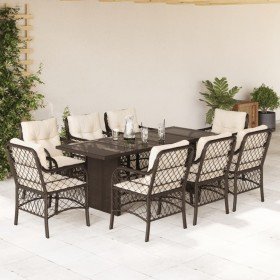 Set comedor para jardín 9 pzas y cojines ratán sintético marrón Set comedor para jardín 9 pzas y cojines ratán sintético marrón