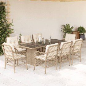 Set comedor de jardín 9 pzas con cojines ratán sintético beige