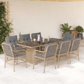 Set comedor de jardín 9 pzas con cojines ratán sintético beige