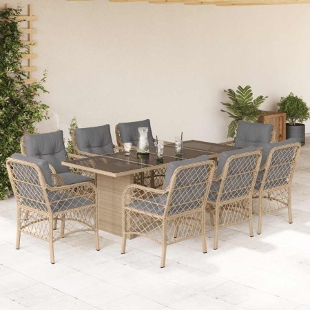 Set comedor de jardín 9 pzas con cojines ratán sintético beige