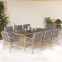 Set comedor de jardín 9 pzas con cojines ratán sintético beige