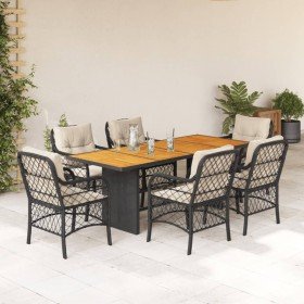 Set de comedor de jardín 7 pzas y cojines ratán sintético negro
