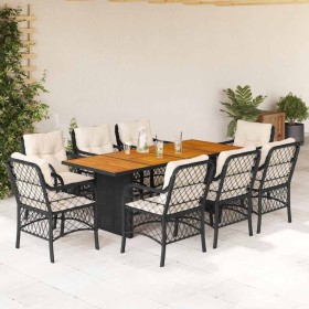 Set de comedor de jardín 9 pzas y cojines ratán sintético negro