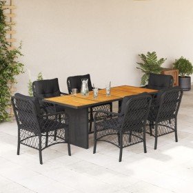 Set de comedor de jardín 7 pzas y cojines ratán sintético negro
