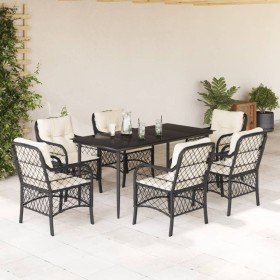 Set de comedor de jardín 7 pzas y cojines ratán sintético negro Set de comedor de jardín 7 pzas y cojines ratán sintético negro