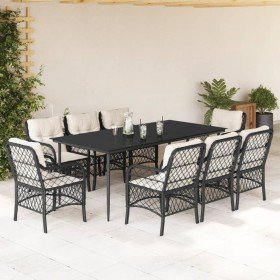 Set de comedor de jardín 9 pzas y cojines ratán sintético negro Set de comedor de jardín 9 pzas y cojines ratán sintético negro