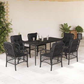 Set de comedor de jardín 7 pzas y cojines ratán sintético negro Set de comedor de jardín 7 pzas y cojines ratán sintético negro