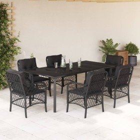 Set de comedor de jardín 7 pzas y cojines ratán sintético negro Set de comedor de jardín 7 pzas y cojines ratán sintético negro