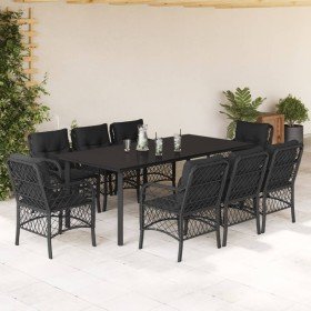 Set de comedor de jardín 9 pzas y cojines ratán sintético negro